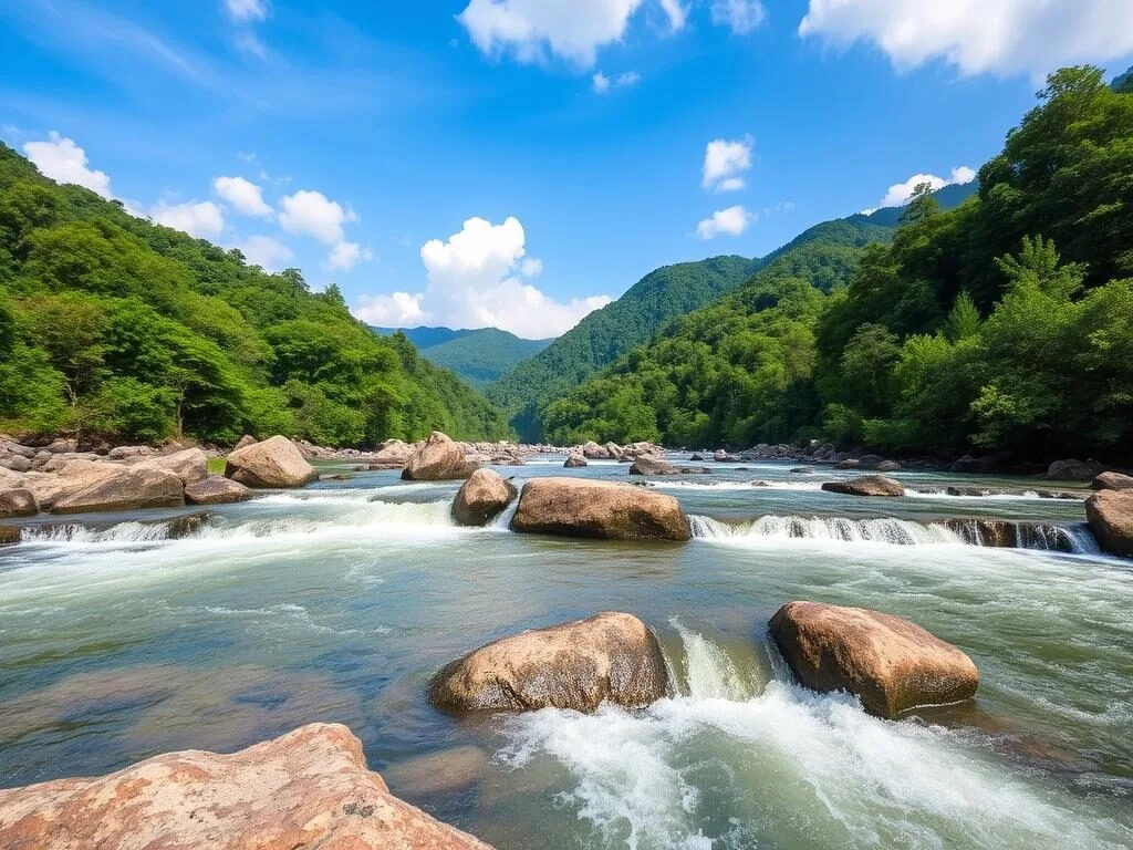 Scenic view of the SeBang Hieng River with rapids and forested banks