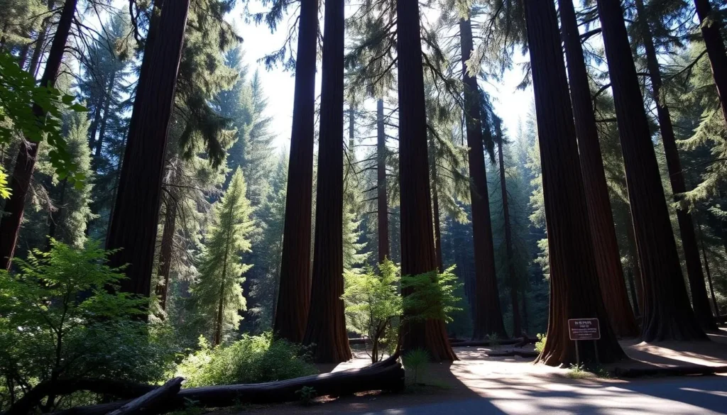 Scenic view of the entrance area to Big Basin Redwoods State Park with redwood trees