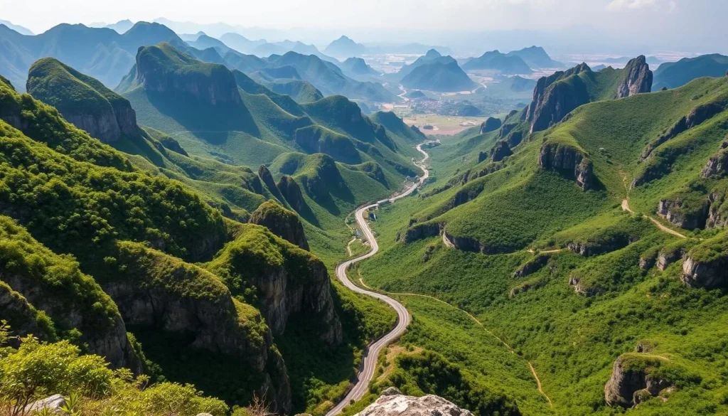 Scenic viewpoint on the Thakhek Loop showing karst mountains and winding road