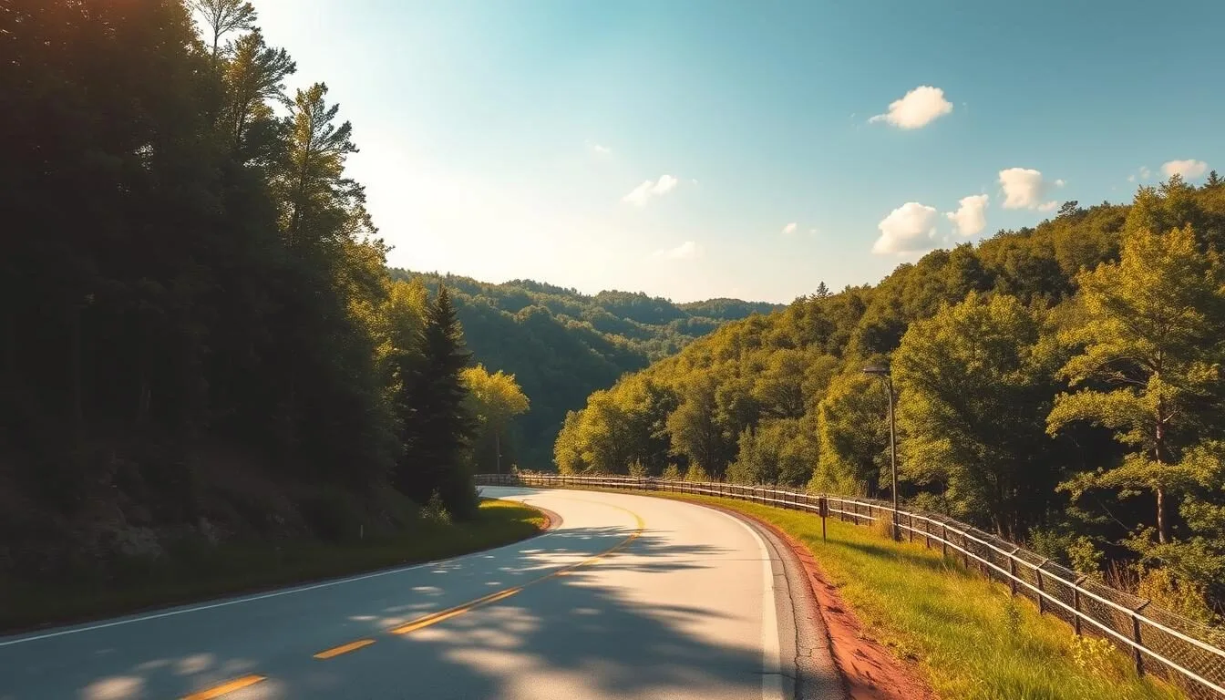 Scenic winding road leading to Hocking Hills State Park entrance with lush green forest on both sides