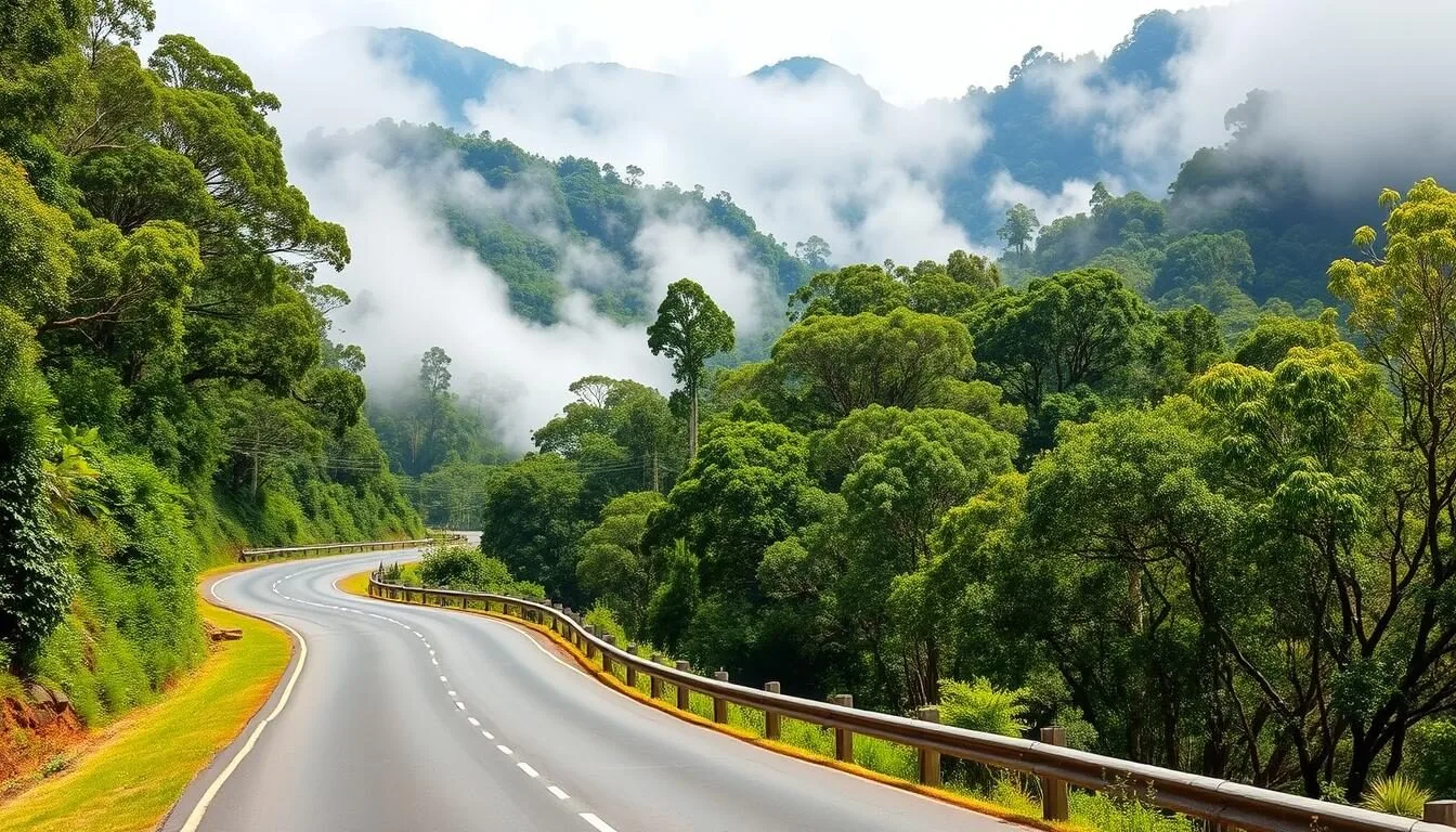 Scenic winding road leading to Lamington National Park, Queensland with lush rainforest on both sides