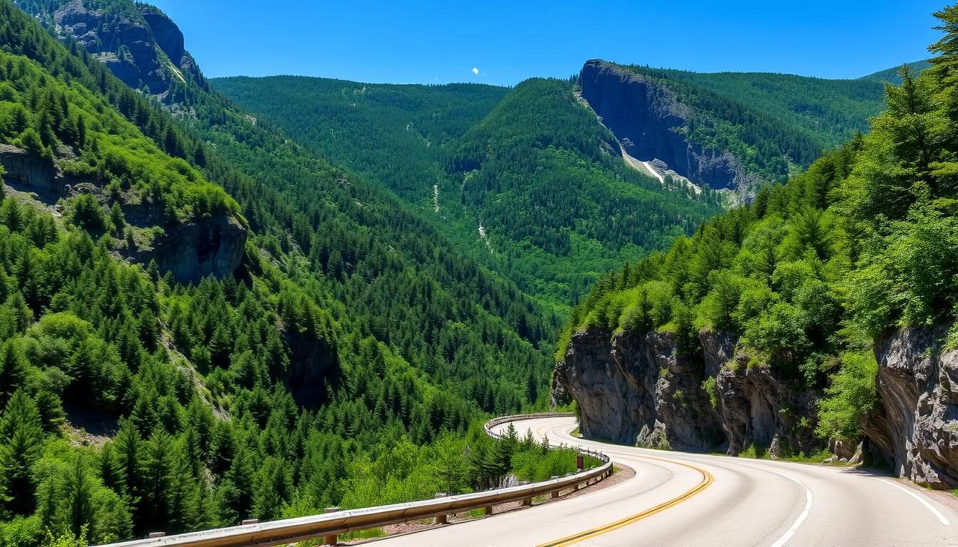 Scenic winding road through Smugglers Notch State Park, Vermont with dramatic cliff faces and lush green forest