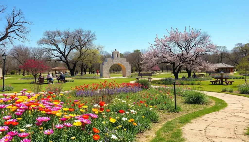 Schertz Texas park in spring with blooming wildflowers and visitors enjoying the best things to do outdoors Schertz Texas park in spring with blooming wildflowers and visitors enjoying the best things to do outdoors