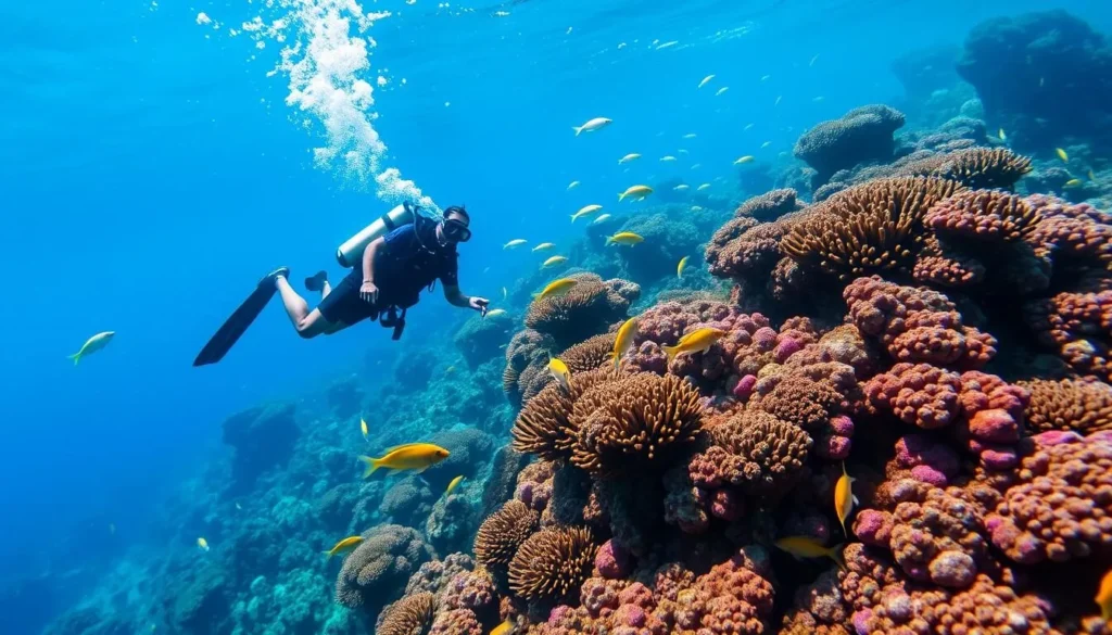 Scuba diver exploring Dominica's vibrant coral reef with colorful fish and clear visibility