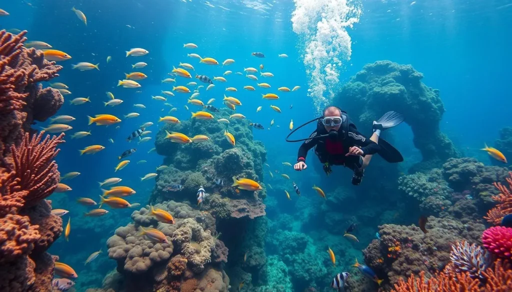 Scuba diver exploring Yanbu's vibrant coral reefs with colorful fish and marine life