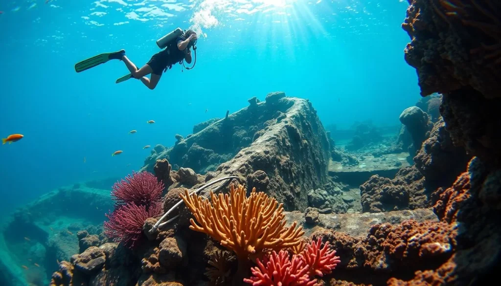 Scuba diver exploring a shipwreck near Mahdia's coast Scuba diver exploring a shipwreck near Mahdia's coast