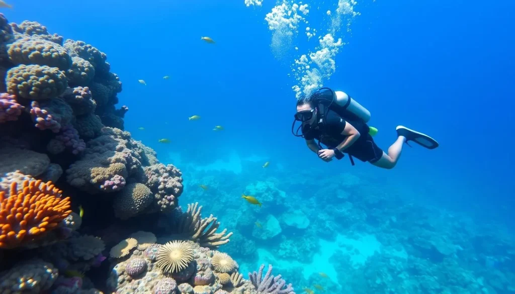 Scuba diver exploring colorful coral reef in Grand Cayman's crystal clear waters