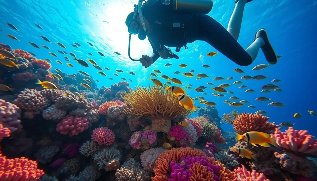 Scuba diver exploring colorful coral reef in the Red Sea
