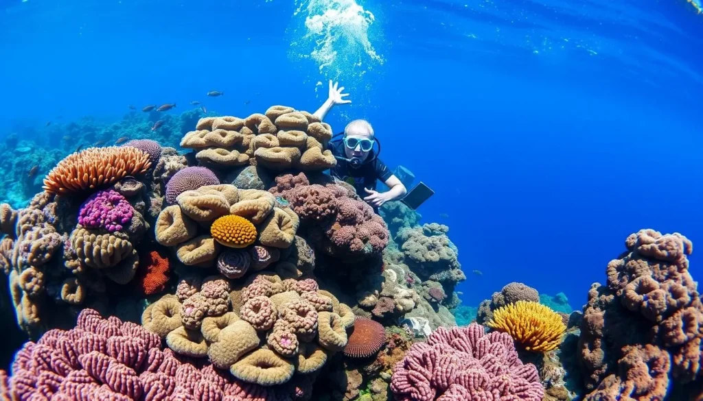 Scuba diver exploring colorful coral reefs near Punta Francés Marine National Park
