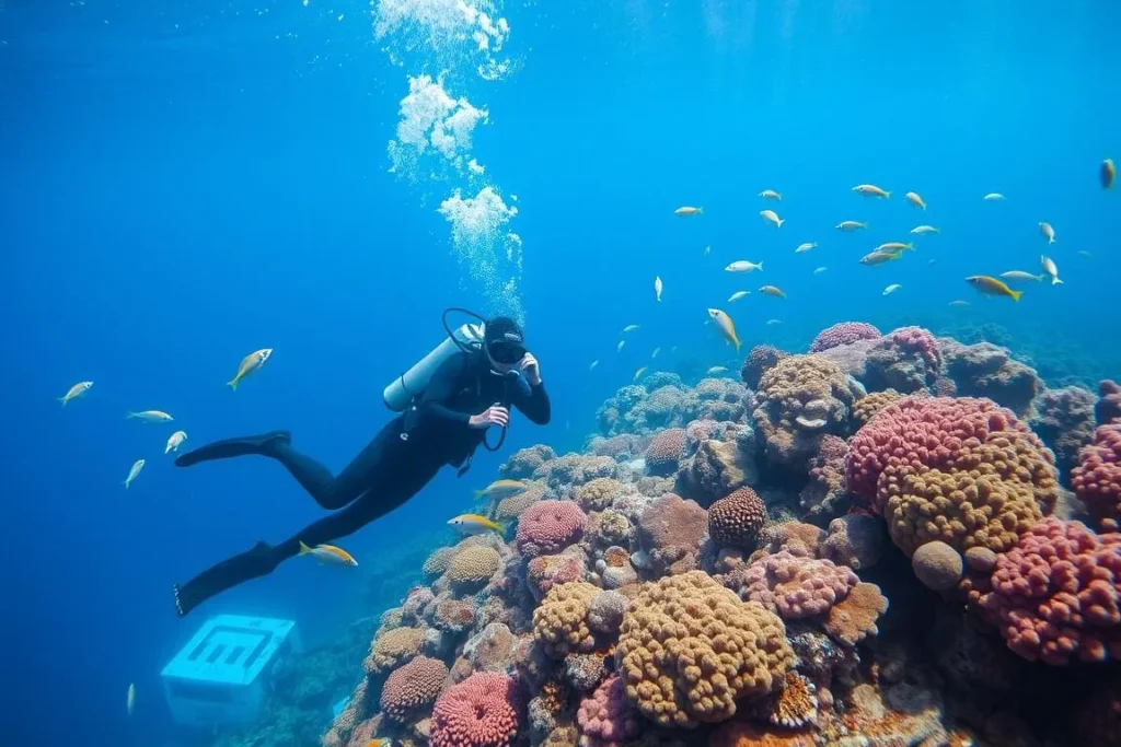 Scuba diver exploring coral formations at Lady Musgrave Island outer reef
