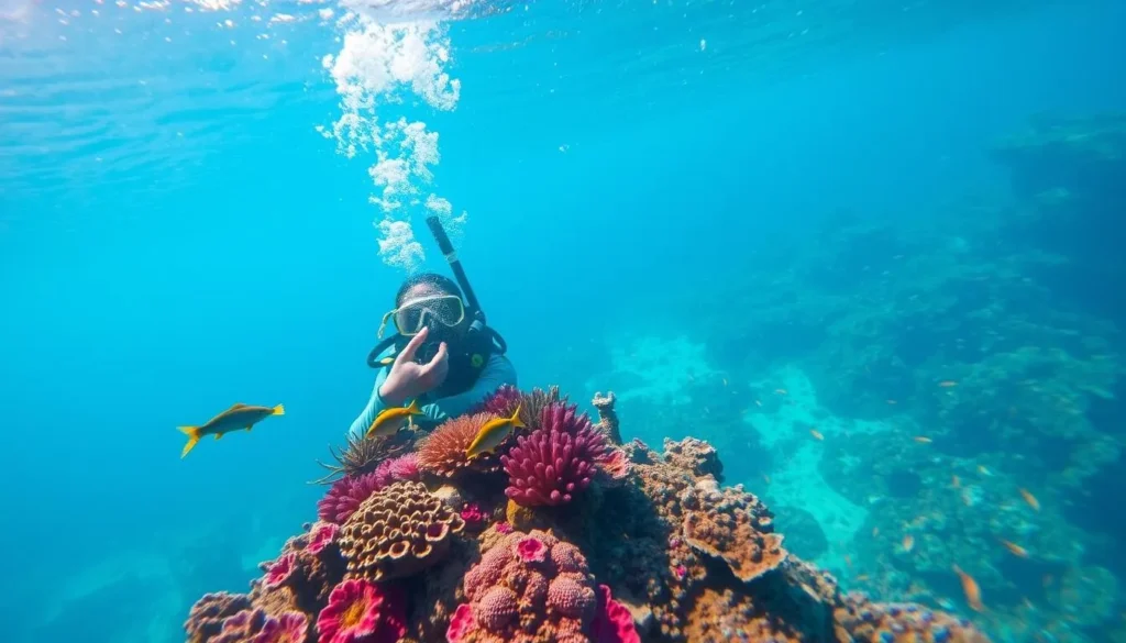 Scuba diver exploring coral reef at Blackbird Caye, Belize Scuba diver exploring coral reef at Blackbird Caye, Belize