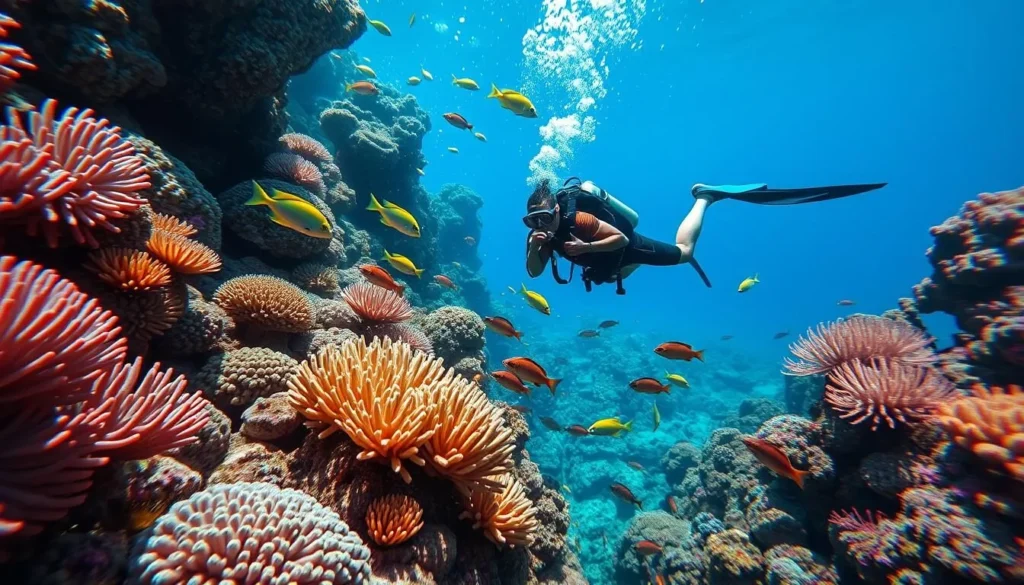 Scuba diver exploring coral reef with colorful fish in Komodo National Park Indonesia Scuba diver exploring coral reef with colorful fish in Komodo National Park Indonesia