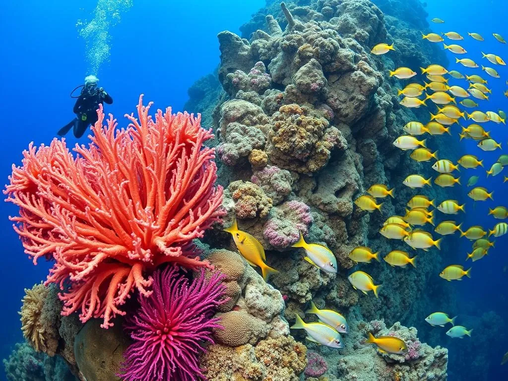 Scuba diver exploring coral wall with sea fans and tropical fish in Taka Bonerate