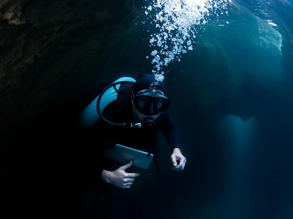 Scuba diver exploring the underwater cave system at Blue Spring