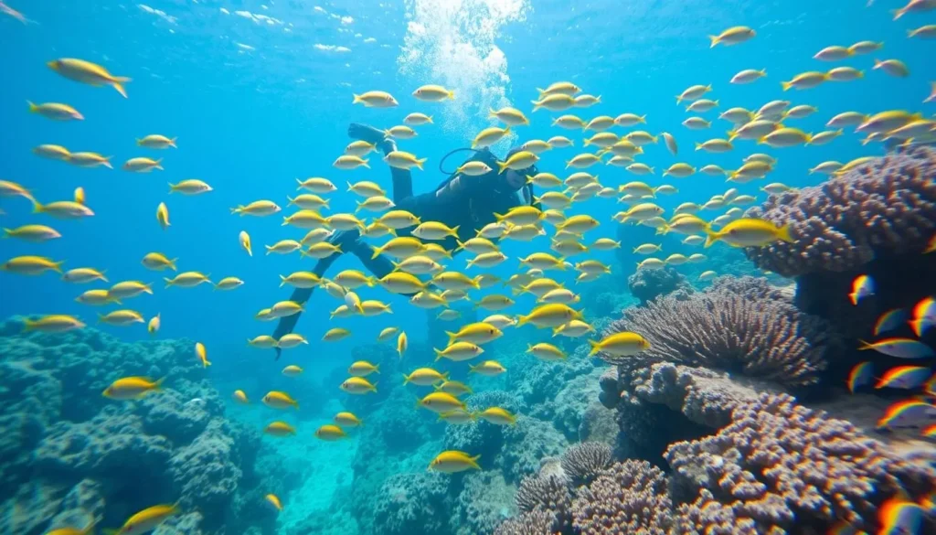 Scuba diver exploring the vibrant coral reef in Cabo Pulmo National Park with schools of fish