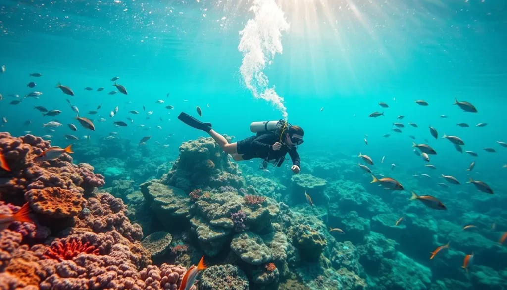 Scuba diver exploring the vibrant coral reef in the Bay Islands Honduras with colorful fish swimming around