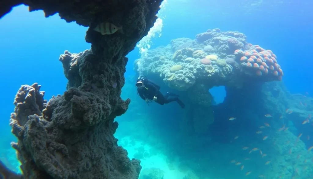 Scuba diver exploring underwater rock formations at Isla San Pedro Nolasco Scuba diver exploring underwater rock formations at Isla San Pedro Nolasco
