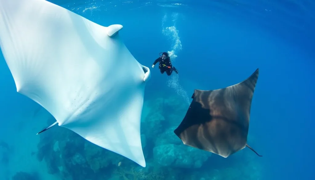 Scuba diver observing manta rays near Isla Cerralvo (Jacques Cousteau Island)