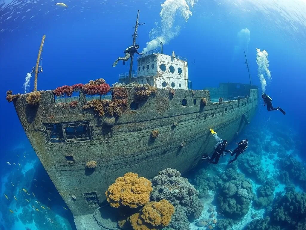 Scuba divers exploring the Antilla Shipwreck near Malmok, Aruba