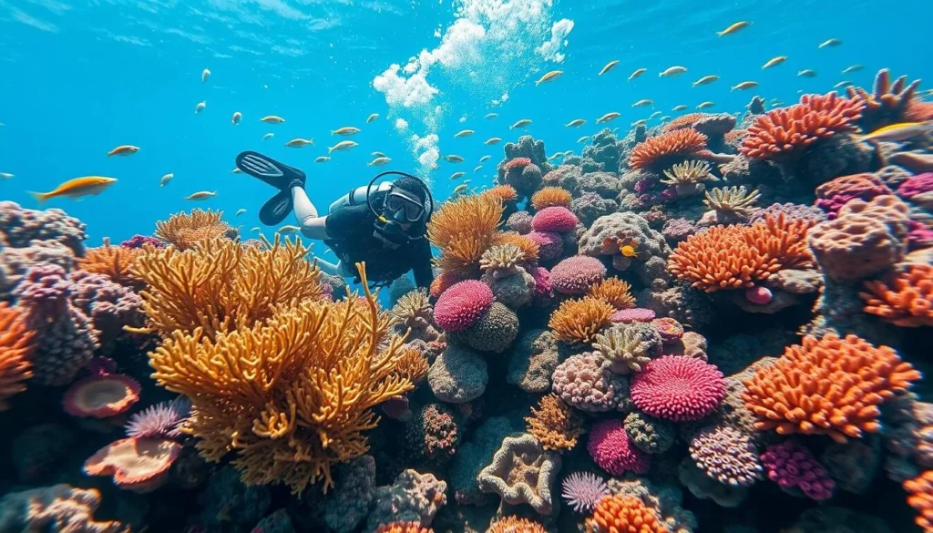 Scuba diving in the Red Sea coral reefs, one of the most popular and best things to do in Aqaba Jordan