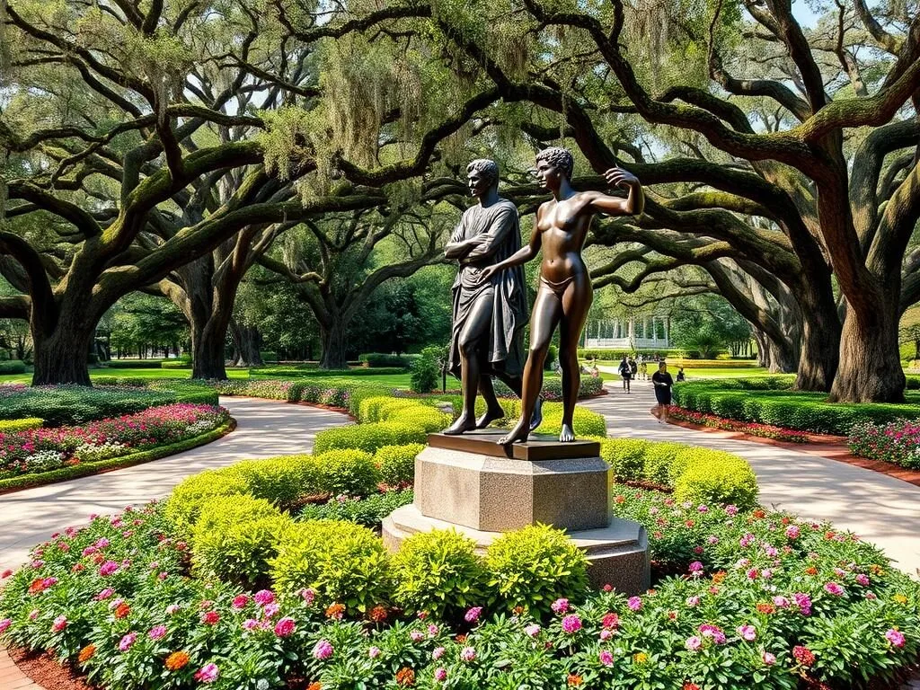 Sculpture display in Brookgreen Gardens with lush landscaping