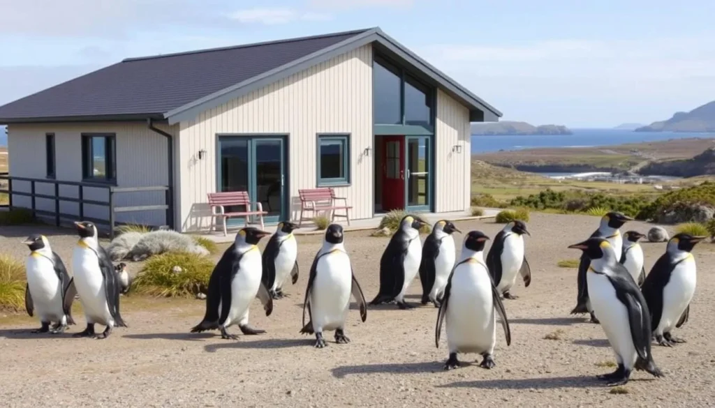 Sea Lion Lodge exterior with penguins walking nearby and the ocean visible in the background