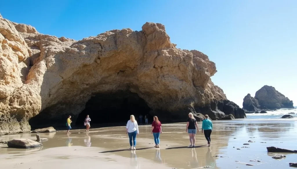 Sea caves and rock formations at El Matador Beach with visitors exploring