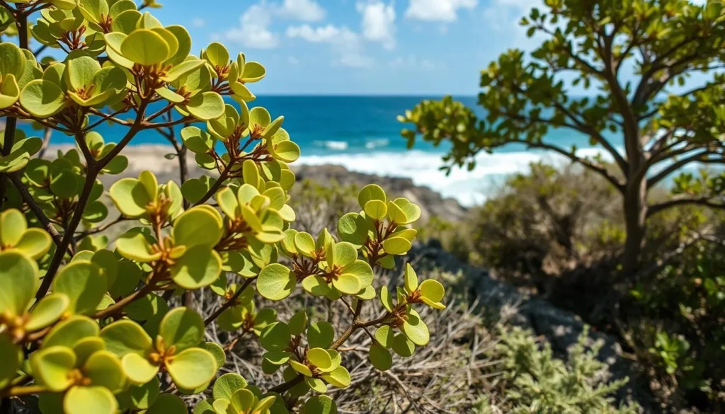 Sea grape trees and other salt-tolerant vegetation thriving along the park's windswept coastline