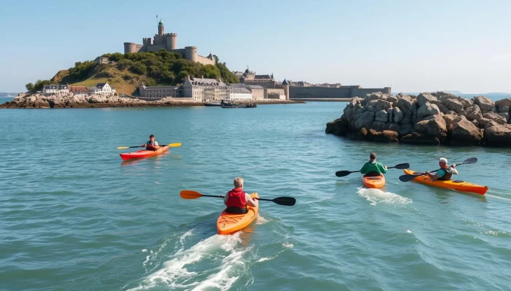 Sea kayakers exploring the coastline near Saint-Malo's tidal islands on a calm summer day Sea kayakers exploring the coastline near Saint-Malo's tidal islands on a calm summer day