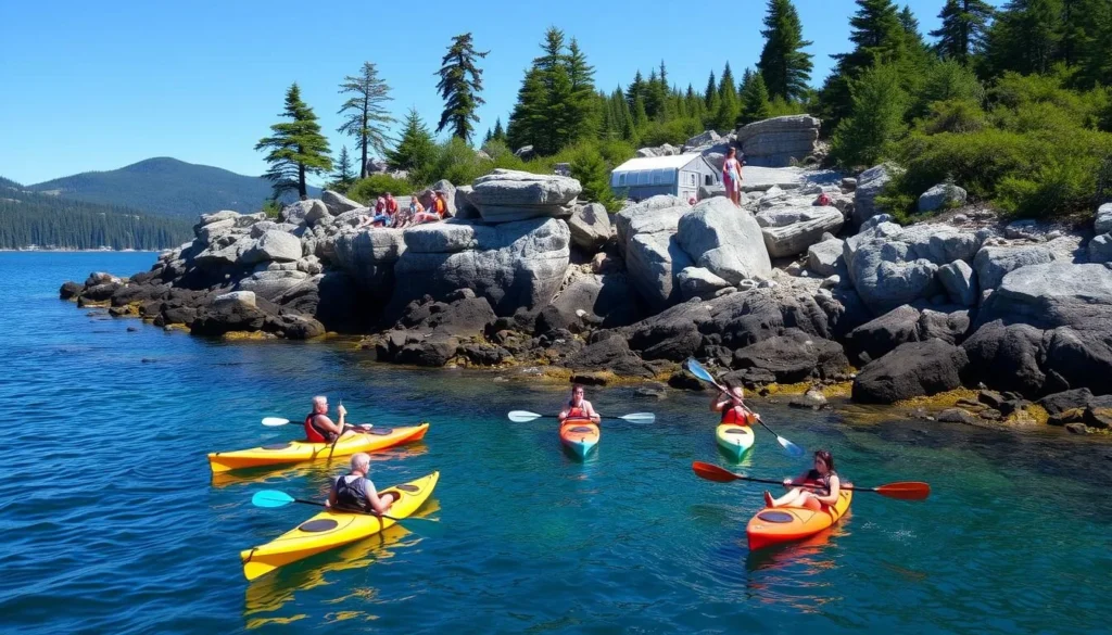 Sea kayakers exploring the coastline of Mount Desert Island with views of Acadia's mountains
