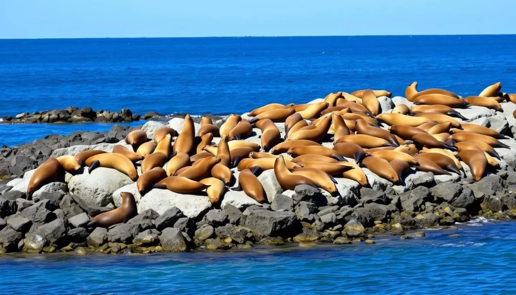 Sea lions resting on rocky outcrops of Isla San Pedro Nolasco Sea lions resting on rocky outcrops of Isla San Pedro Nolasco