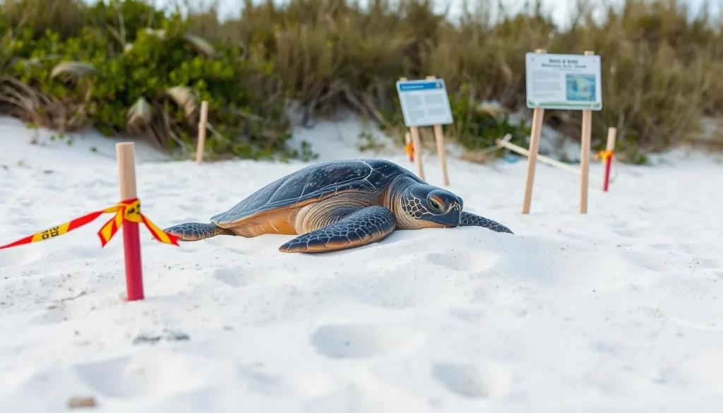 Sea turtle nest marked with protective stakes on Don Pedro Island beach