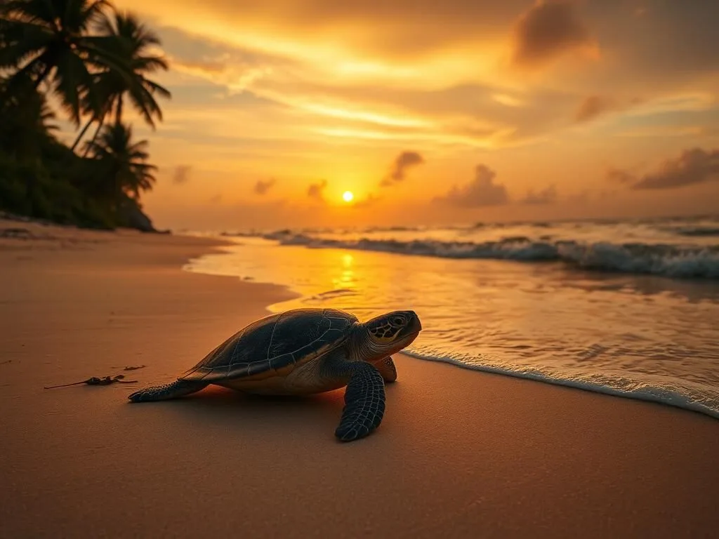 Sea turtle nesting on a beach in Rio Kruta National Park at sunset