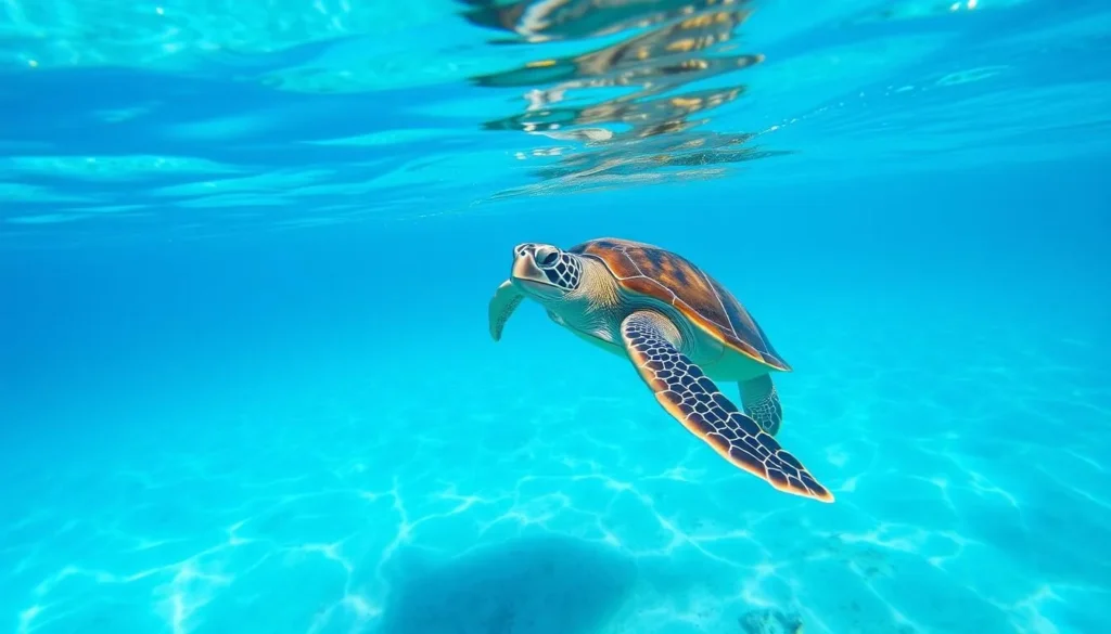 Sea turtle swimming in clear waters near Isla Contoy