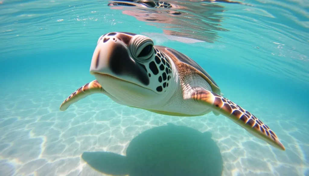 Sea turtle swimming in shallow waters near Hikkaduwa Beach with tourists observing