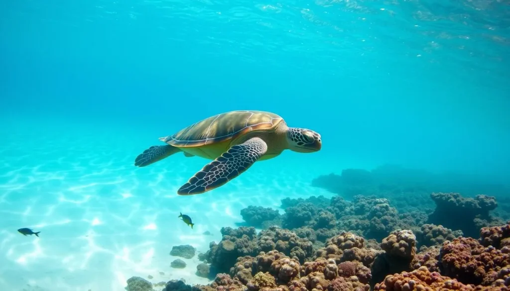Sea turtle swimming near coral reef at Valley Church Beach, Antigua