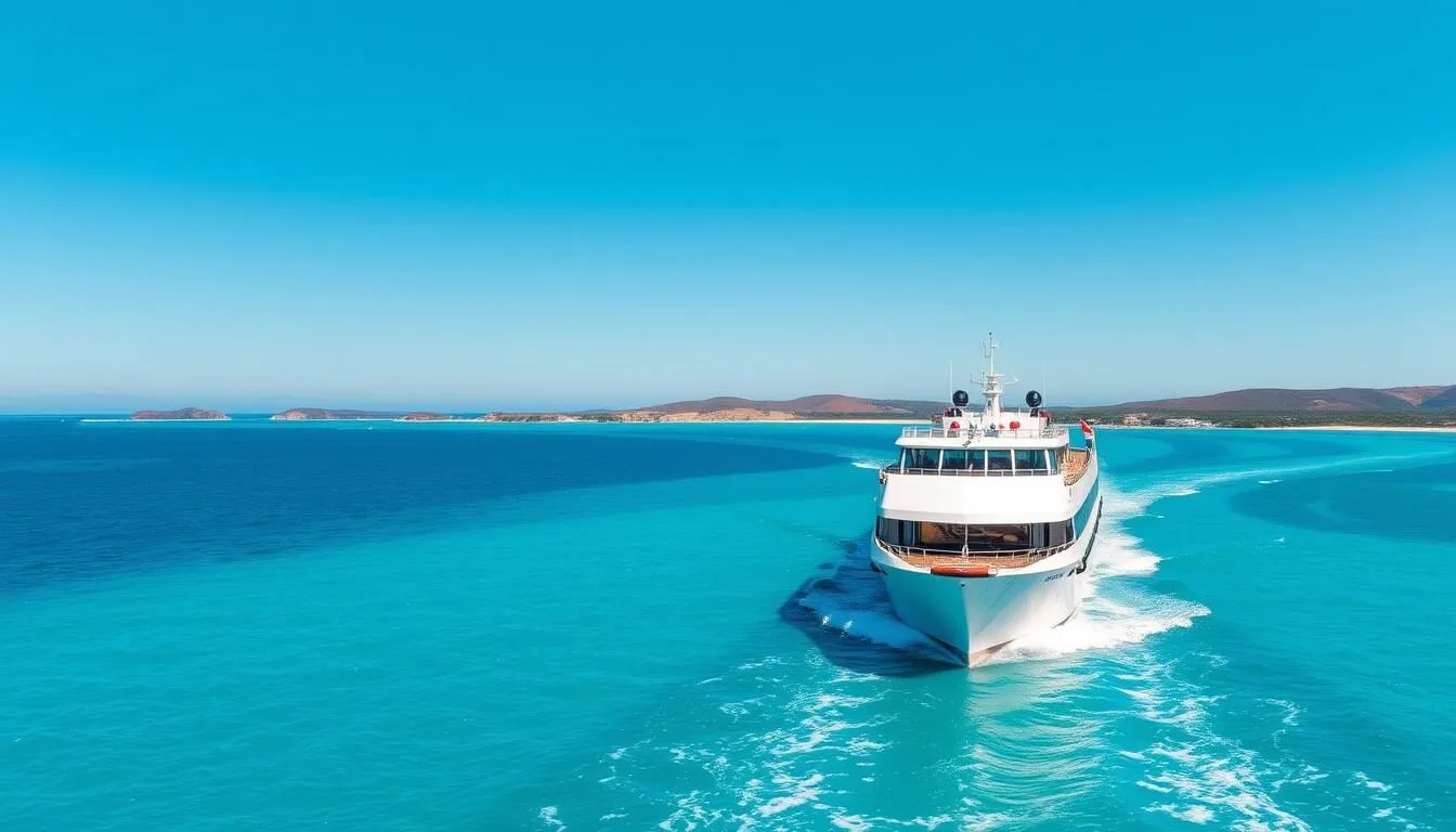 SeaLink ferry approaching Kangaroo Island with turquoise waters and the Penneshaw coastline visible