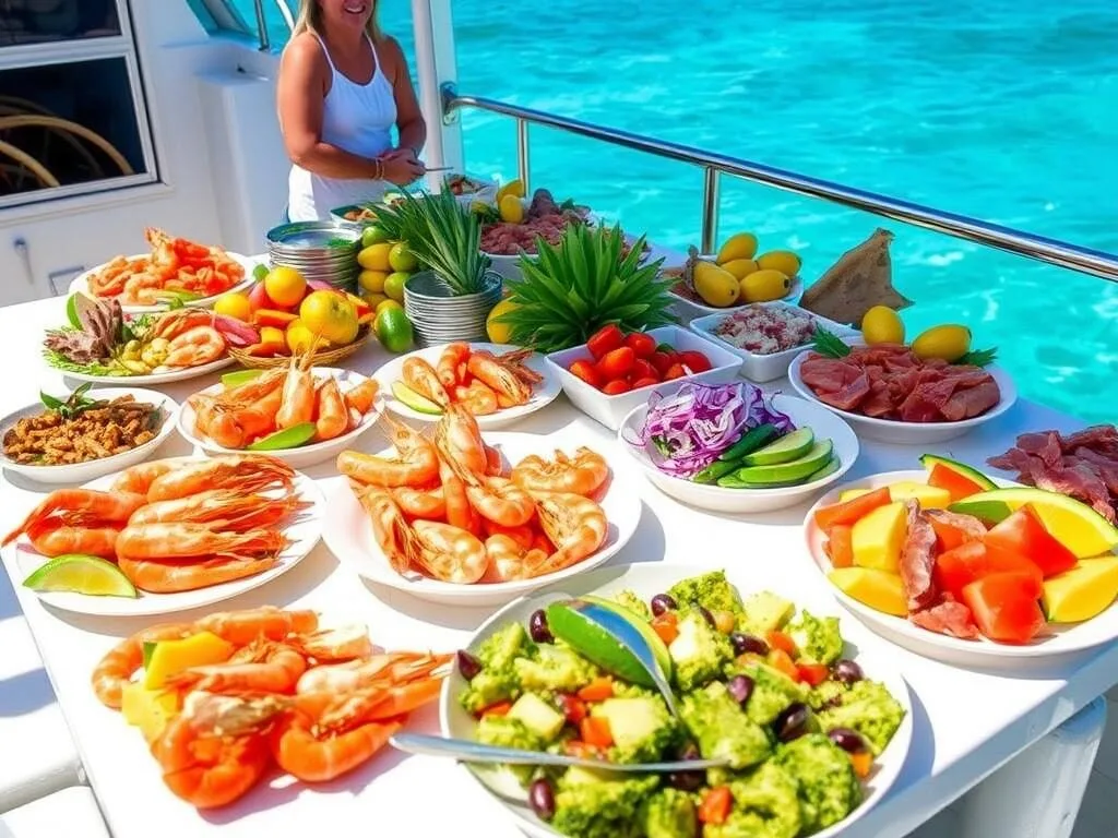 Seafood buffet lunch served on a Lady Musgrave Island tour featuring fresh local prawns and salads