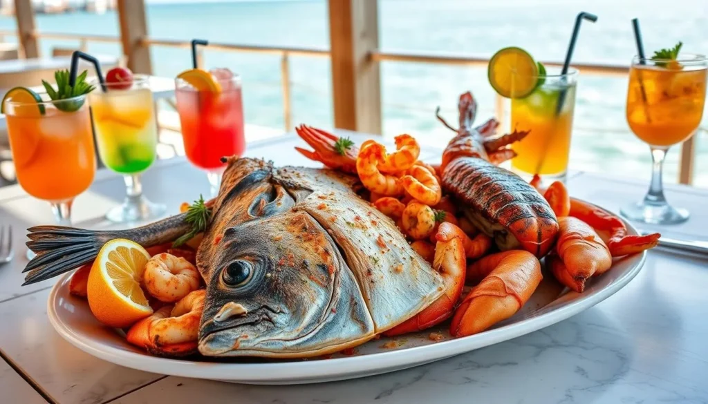 Seafood platter and tropical drinks at Marina Cay Bar & Grill with ocean view Seafood platter and tropical drinks at Marina Cay Bar & Grill with ocean view