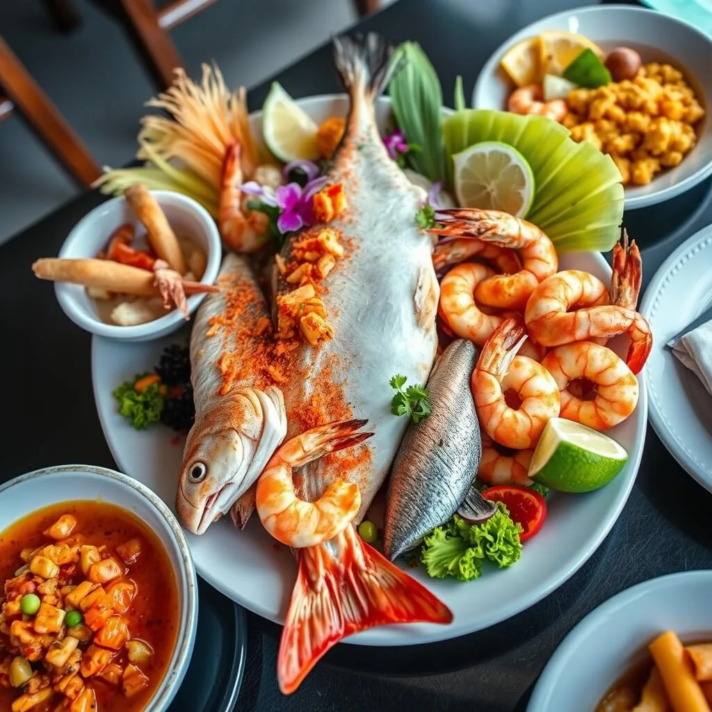 Seafood platter at a restaurant near Malmok Beach in Aruba featuring fresh local catch