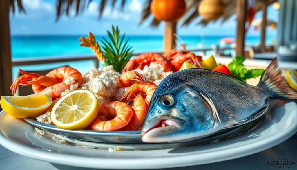 Seafood platter at a waterfront restaurant in Duck Key Florida with fresh fish, shrimp and lobster