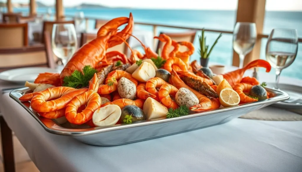 Seafood platter at a waterfront restaurant in Oyster Pond featuring fresh Caribbean delicacies