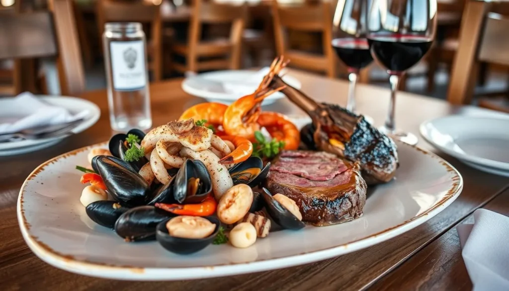 Seafood platter with Patagonian lamb in a restaurant in Peninsula Valdes Argentina