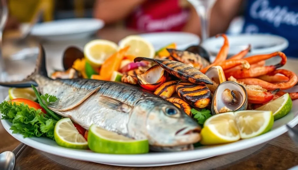Seafood platter with flying fish and other Caribbean specialties at a restaurant in Saint Lawrence Gap Seafood platter with flying fish and other Caribbean specialties at a restaurant in Saint Lawrence Gap