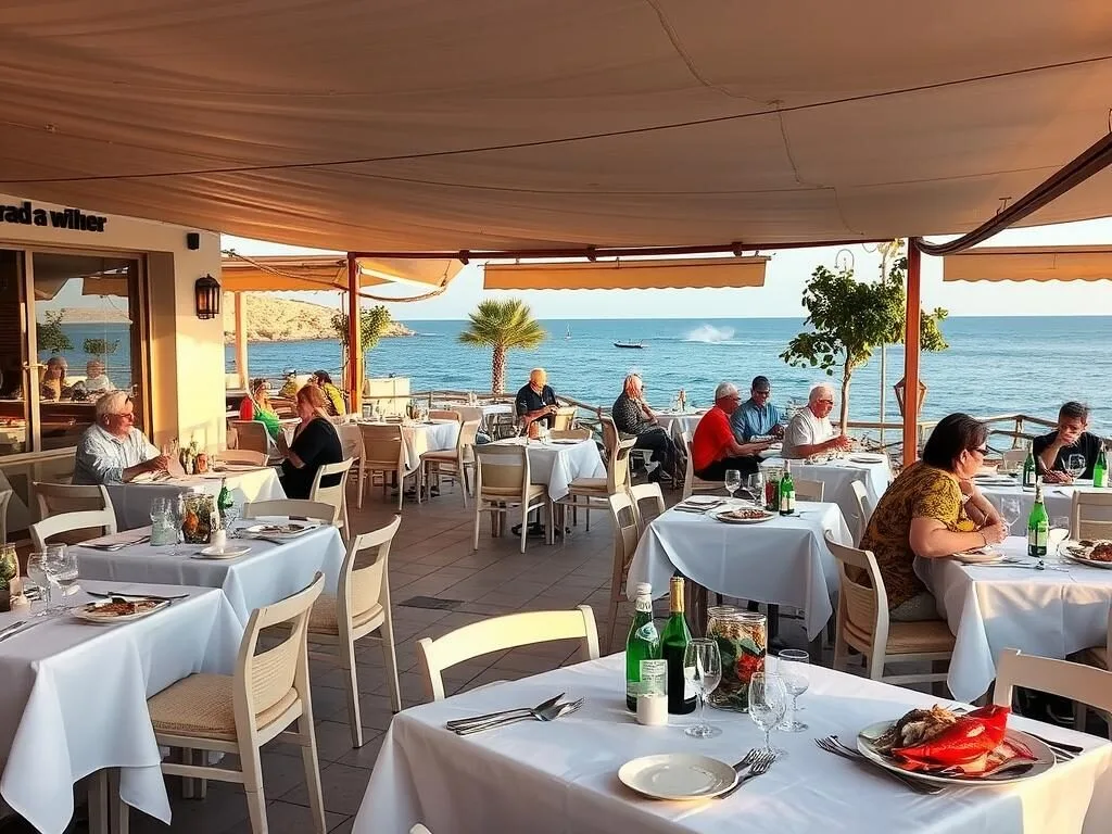 Seafood restaurant in M'diq Morocco with tables overlooking the Mediterranean Sea
