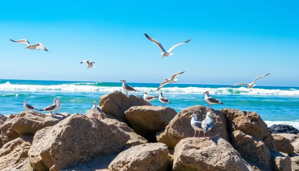 Seagulls and shorebirds near rocky outcrops at Refugio State Beach
