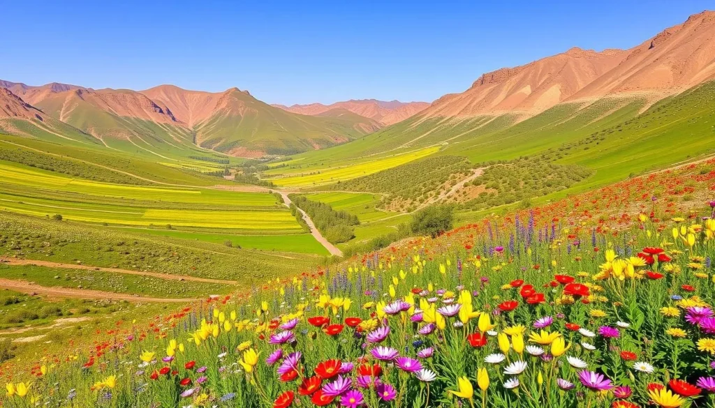 Seasonal landscape of Aseer National Park showing wildflowers blooming across green valleys in spring Seasonal landscape of Aseer National Park showing wildflowers blooming across green valleys in spring