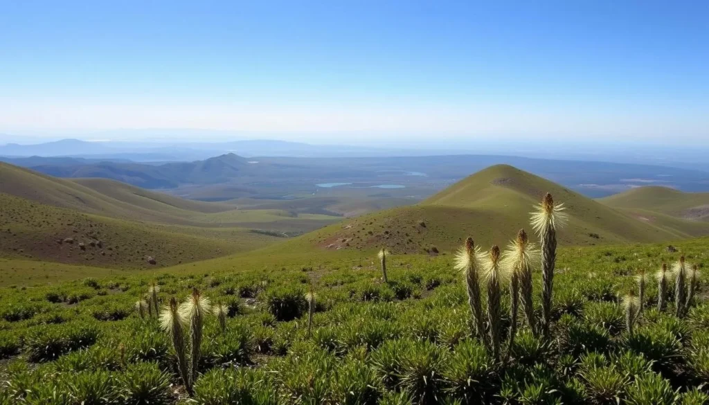 Seasonal landscape of Chingaza National Park during the dry season showing clear skies and vibrant páramo vegetation