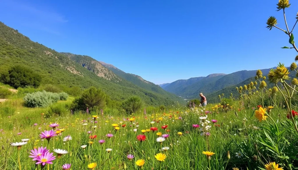 Seasonal landscape of Jebel Chitana-Cap Negro National Park in spring with blooming wildflowers and green foliage