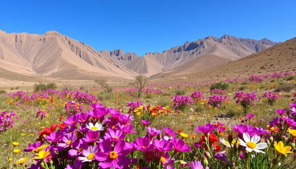 Seasonal landscape of Jebel Orbata National Park showing spring wildflowers with mountains in background